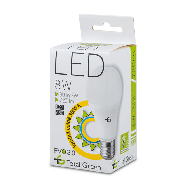 Bec LED EVO3.0 A60 8W E27 3000K