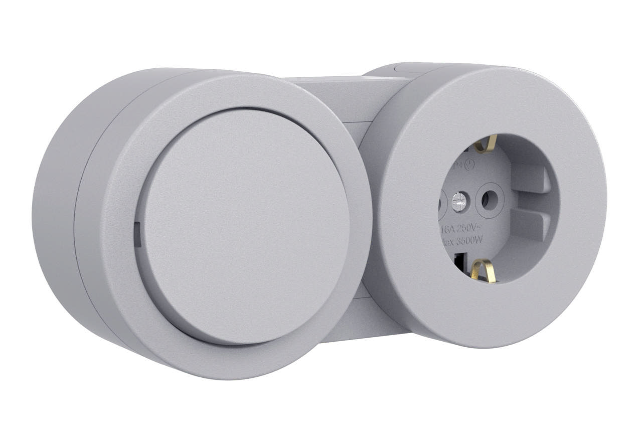 Întrerupător+priză aplicat IP54 gri Xone - OVIVO