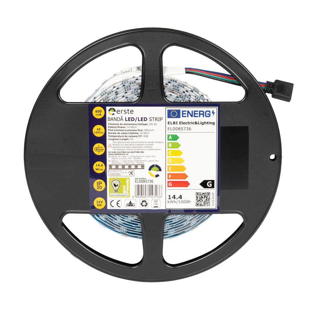 Bandă LED 24V 60 LED/m 14.4W/m RGB IP20 Rolă 5m - ERSTE